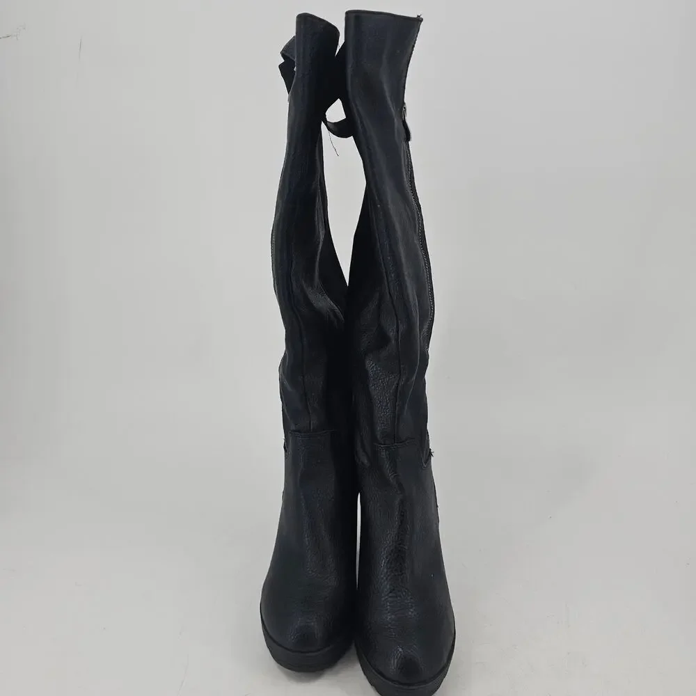 Torrid Black Vegan Leather Tall Knee Chunky Heeled Boot Stretchy Calf Womens 8 W